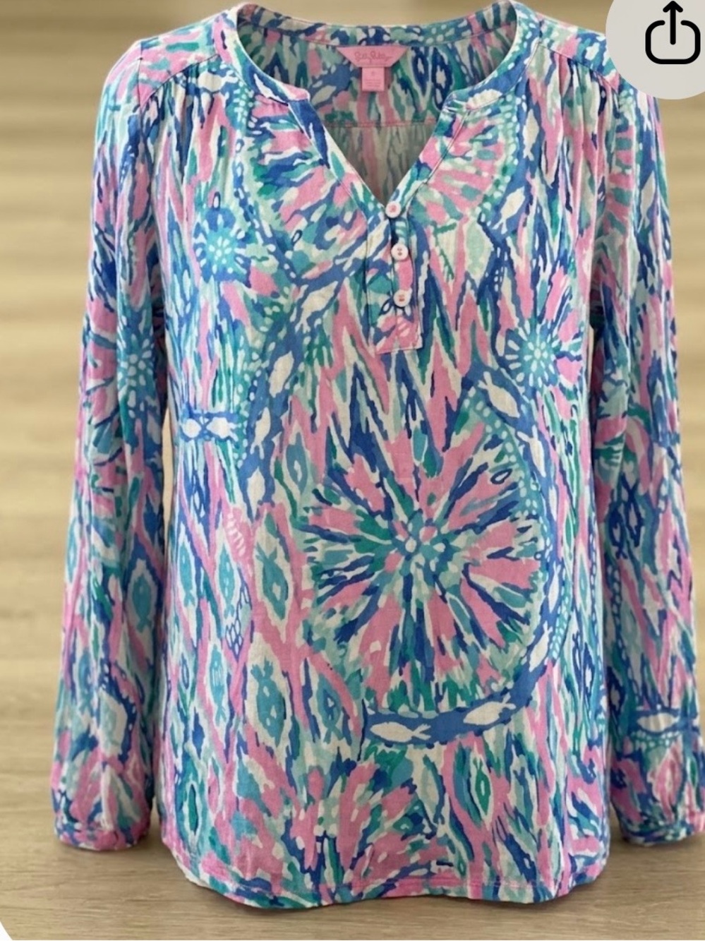 Lilly Pulitzer Pink Blue Green Floral-Print Henley Tunic size Medium